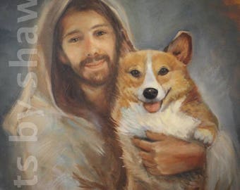 Art Print of Corgi with Jesus, Corgi Dog Art Gift, Corgi Art Print