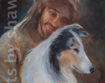 Print of Blue Merle Collie and Jesus, Collie Original Art Print