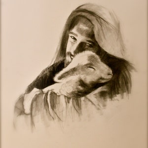 Jezus met lam, Jezus en lam print, originele tekening
