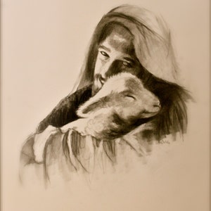 Jesus with Lamb, Jesus and Lamb Print, original drawing image 1