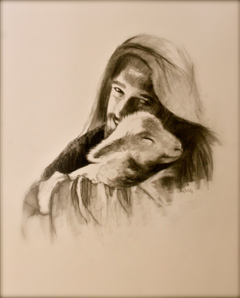 Jesus with Lamb, Jesus and Lamb Print, original drawing image 1