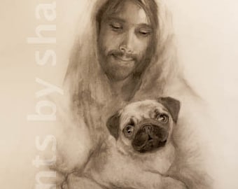 Art Print of Pug with Jesus, Pug Art Print, Pug Dog Print