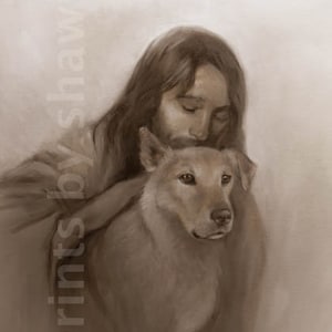 Drawing of Dog Print, Sweet Dog Wall Art, Jesus and Dog Art Print
