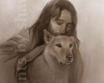 May include: A painting of a man with long brown hair holding a brown and white dog. The man is looking down at the dog and the dog is looking up at the man. The painting is done in a soft, muted palette.