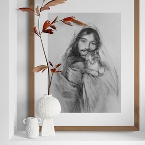 Kitten Art Print, Jesus and Purring Kitten, Cat and Kitten Art Gift image 3