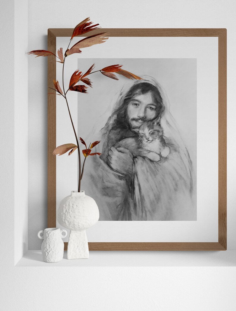 Kitten Art Print, Jesus and Purring Kitten, Cat and Kitten Art Gift image 3