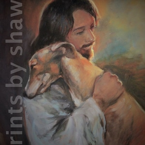 Art print of Greyhound with Jesus, Whippet Dog Art Print