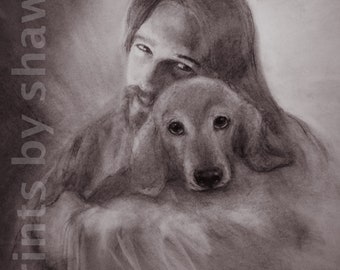 May include: A black and white pencil drawing of a person with long hair holding a dog. The person is looking down at the dog, and the dog is looking up at the person. The drawing is done in a realistic style.