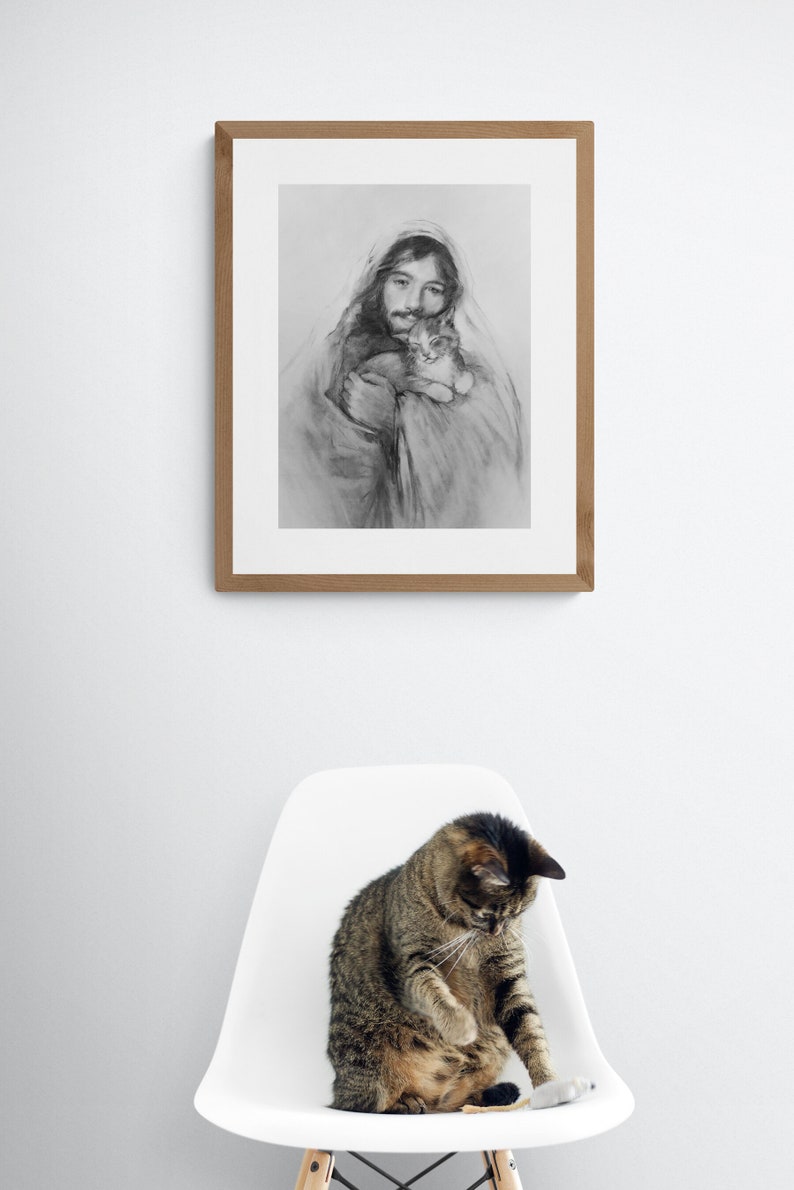 Kitten Art Print, Jesus and Purring Kitten, Cat and Kitten Art Gift image 4