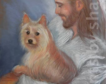 May include: A pastel drawing of a man with long hair and a beard holding a small, light brown dog in his arms. The man is wearing a white robe and the dog is looking up at him.