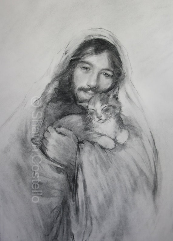 Kitten Art Print, Jesus and Purring Kitten, Cat and Kitten Art Gift