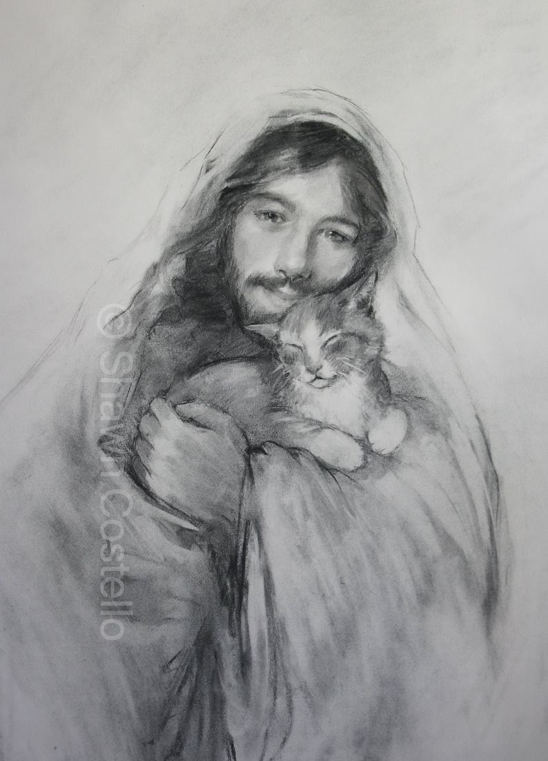 Kitten Art Print, Jesus and Purring Kitten, Cat and Kitten Art Gift image 1