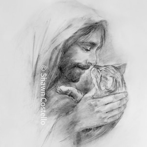 May include: A black and white pencil drawing of a man with long hair and a beard holding a small cat in his arms. The man is wearing a robe and the cat is looking up at him. The drawing is signed "Shawn Costello" in the lower left corner.