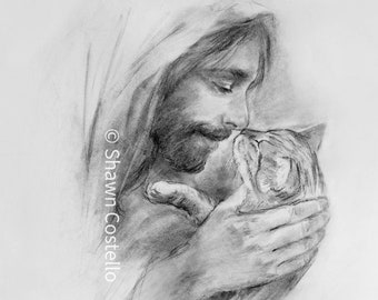 Kitten Art Print Unique, Cat Art Print Christian, Jesus with Cat