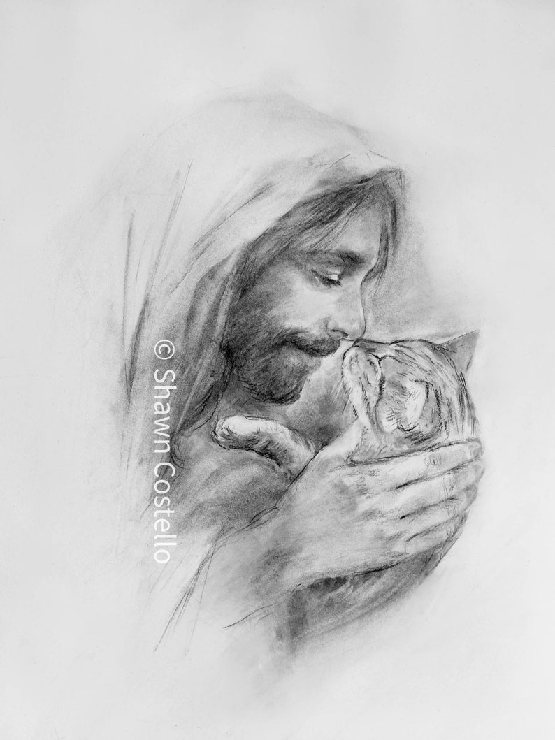May include: A black and white pencil drawing of a man with long hair and a beard holding a small cat in his arms. The man is wearing a robe and the cat is looking up at him. The drawing is signed "Shawn Costello" in the lower left corner.