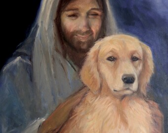 Art Print of Golden Retriever,  Jesus with Golden Retriever Print, Gift for Golden Retriever Owner