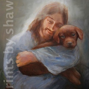 Chocolate Lab Dog Art Print, Chocolate Labrador Art, Jesus with Chocolate Lab Pup