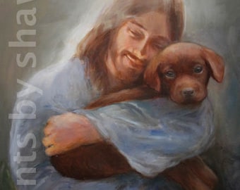 Chocolate Lab Dog Art Print, Chocolate Labrador Art, Jesus with Chocolate Lab Pup