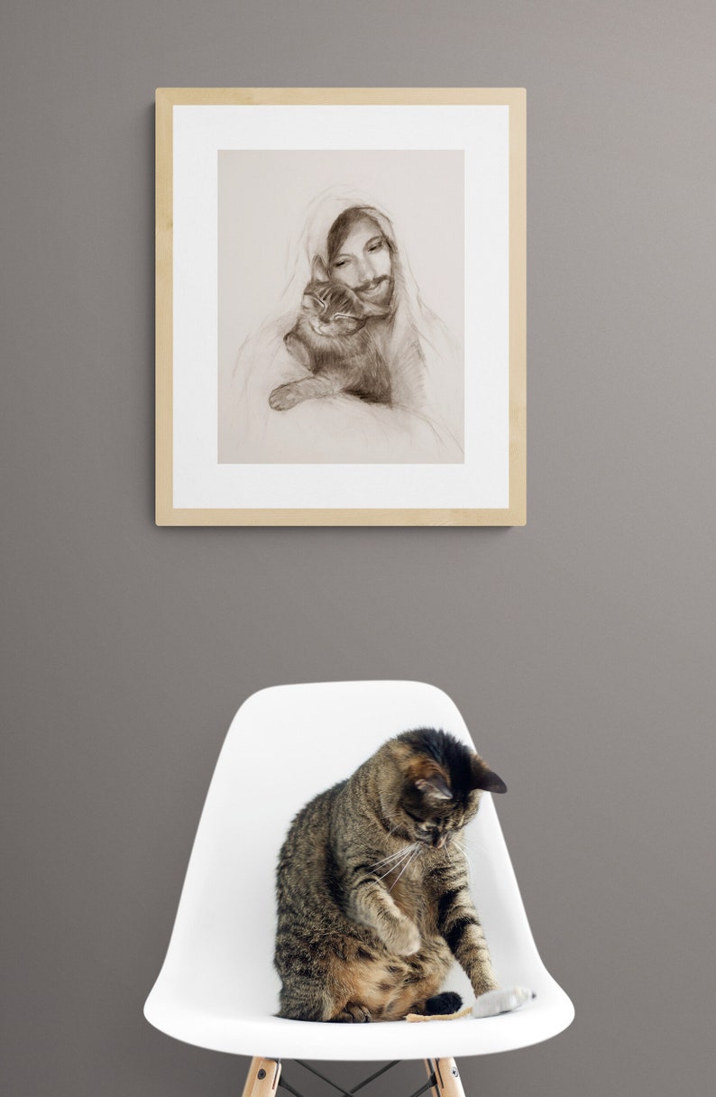 Cat Art Print of Tabby Cat and Jesus Kitten Art Gift Print Etsy Australia