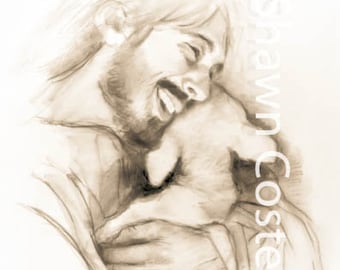 Puede incluir: Un dibujo en sepia de una persona con el pelo largo sosteniendo un animal pequeño cerca de su pecho. La persona está sonriendo y tiene los ojos cerrados. El dibujo está hecho en un estilo suave y delicado.