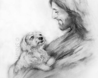 May include: A grayscale pencil drawing depicts a person with long hair and a beard, smiling and looking down at a small, fluffy dog. The dog gazes upward. The artist's name, Shawn Costello, is in the lower left.
