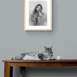 Kitten Art Print, Jesus and Purring Kitten, Cat and Kitten Art Gift image 5