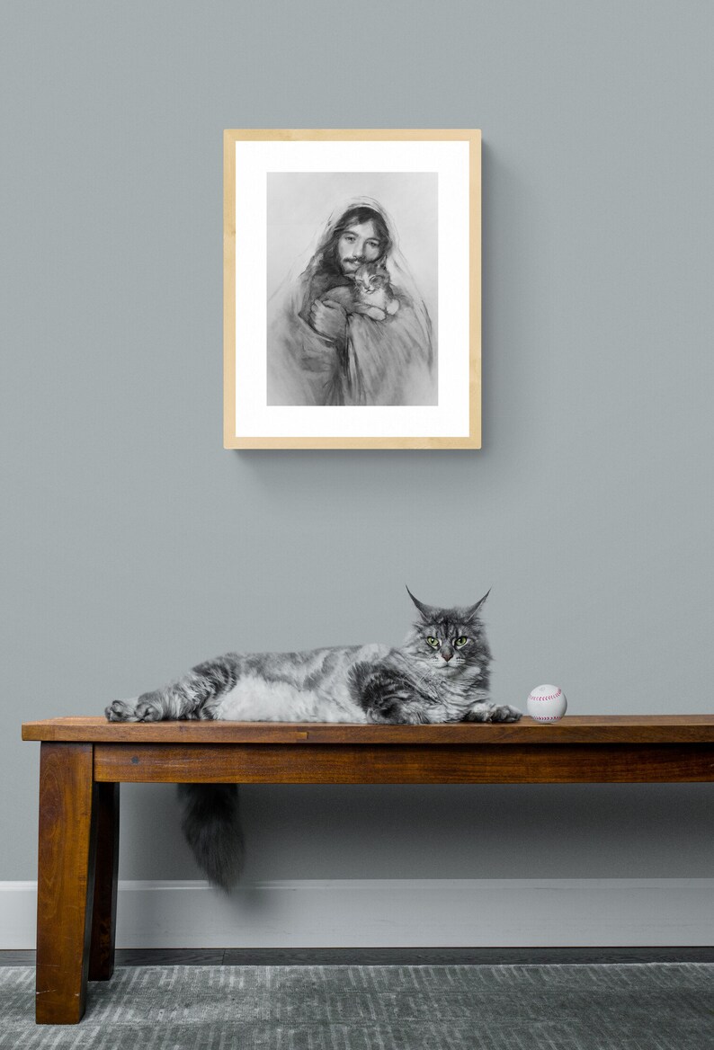 Kitten Art Print, Jesus and Purring Kitten, Cat and Kitten Art Gift image 5