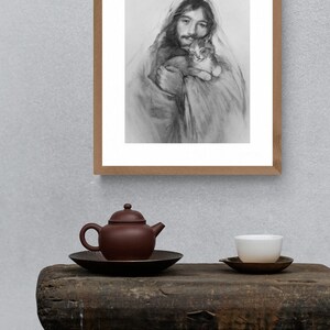 Kitten Art Print, Jesus and Purring Kitten, Cat and Kitten Art Gift image 2