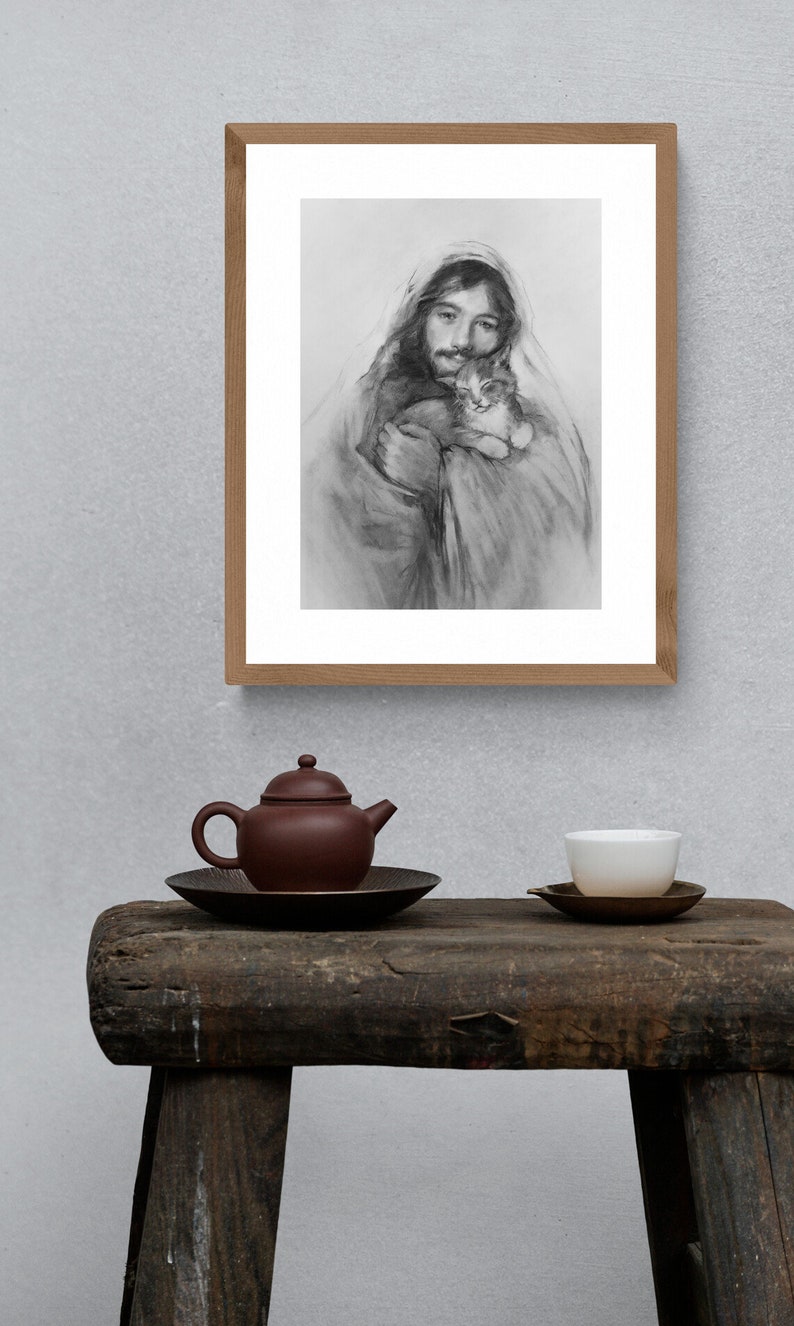 Kitten Art Print, Jesus and Purring Kitten, Cat and Kitten Art Gift image 2