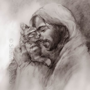 Kitten Held By Jesus, Art Print