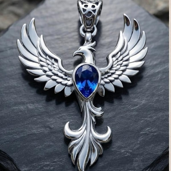 Blue Sapphire Phoenix Necklace Sterling Silver Bird Pendant Fantasy Gothic Jewelry Winged Phoenix Necklace Statement Gift for Her
