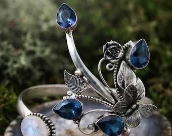 Sterling Silver Floral Cuff Bracelet, London Blue Topaz, Moonstone, Botanical Statement Bangle