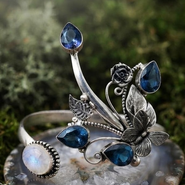 Sterling Silver Floral Cuff Bracelet, London Blue Topaz, Moonstone, Botanical Statement Bangle