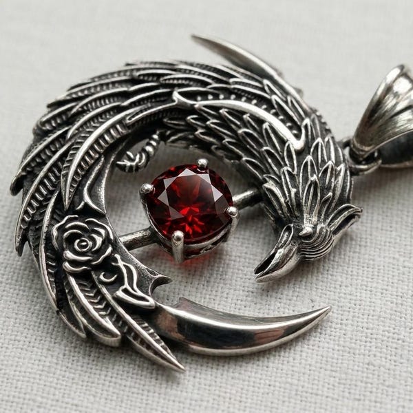 Sterling Silver Phoenix Moon Pendant, Red Garnet Gemstone, Gothic Fantasy Necklace