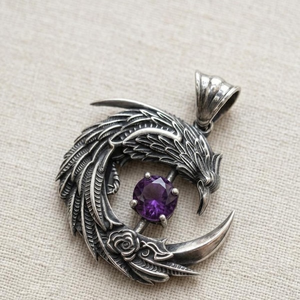 Sterling Silver Phoenix Pendant, Purple Amethyst Gemstone, Gothic Mythical Bird Jewelry