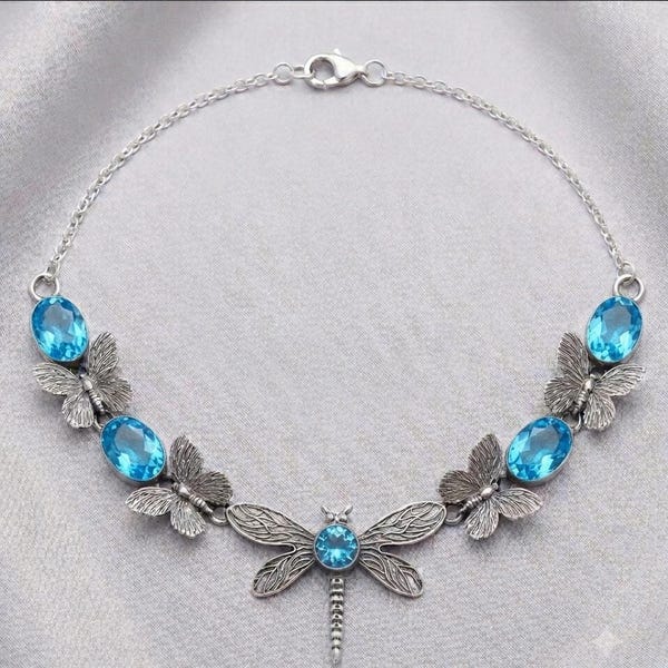 Sterling Silver Blue Topaz Butterfly Dragonfly Necklace, Nature Statement Jewelry