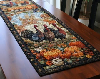 Pumpkin Turkey Table Runner, Fall Harvest Quilt Runner, Rustic Autumn Dining