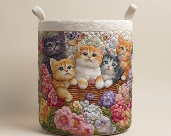 Cesto de roupa suja com estampa de gatinho e flores, cesto organizador acolchoado, cesto para roupas com estampa floral de gatinho.