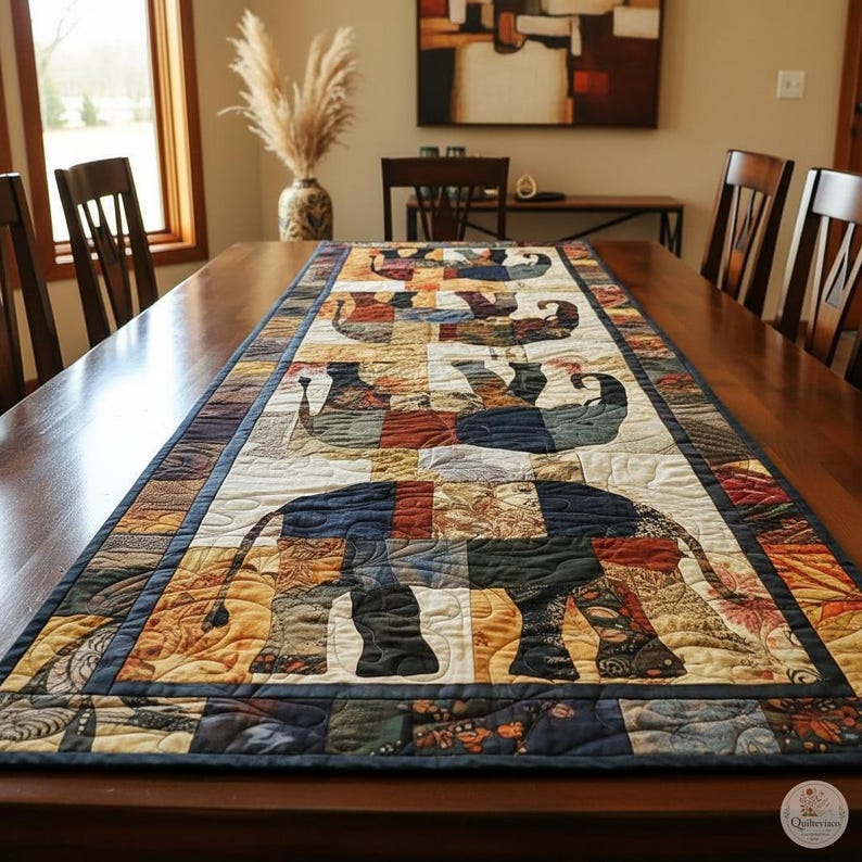 Caminho de mesa com estampa de elefante em patchwork | Tecido Oxford artesanal para uso diário imagem 7
