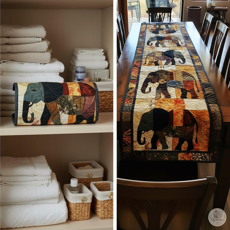 Pode incluir: Um caminho de mesa retangular de tecido com um design de elefante em patchwork repetitivo em tons de laranja, castanho e verde. O caminho acolchoado exibe cinco figuras de elefantes distintas dispostas numa fila vertical, com bordas escuras.