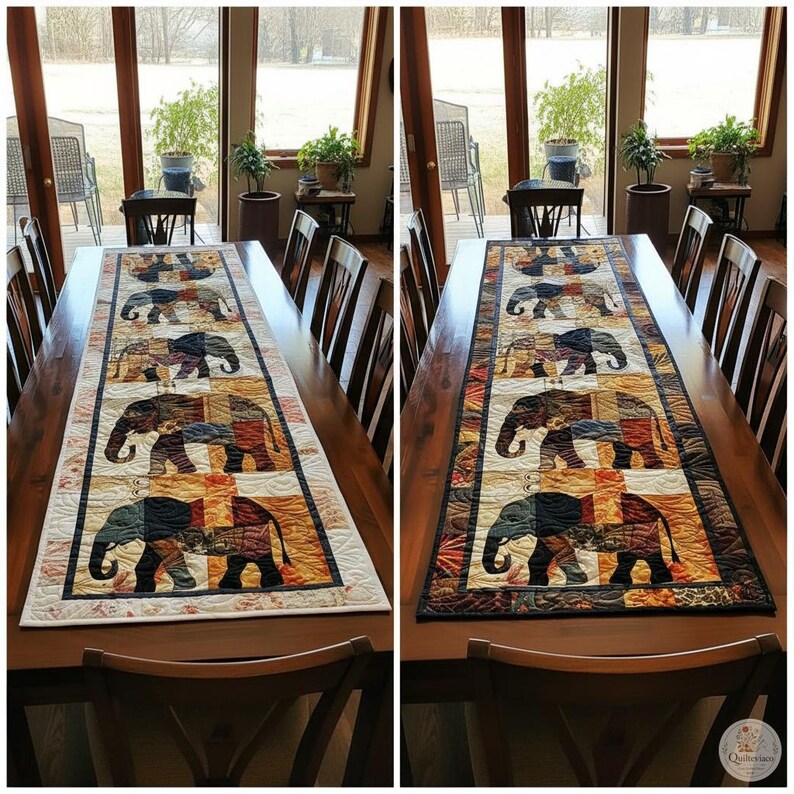 Pode incluir: Um caminho de mesa acolchoado retangular com um padr&atilde;o repetitivo de cinco elefantes em tons de castanho, laranja e preto. O design &eacute; composto por v&aacute;rios retalhos de tecido com costuras intrincadas, exibido sobre uma mesa de jantar de madeira.