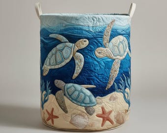 Cesto de roupa suja em formato de tartaruga marinha, cesto de tecido Oxford com estampa costeira, cesto dobrável para roupa suja, amplo espaço de armazenamento náutico.