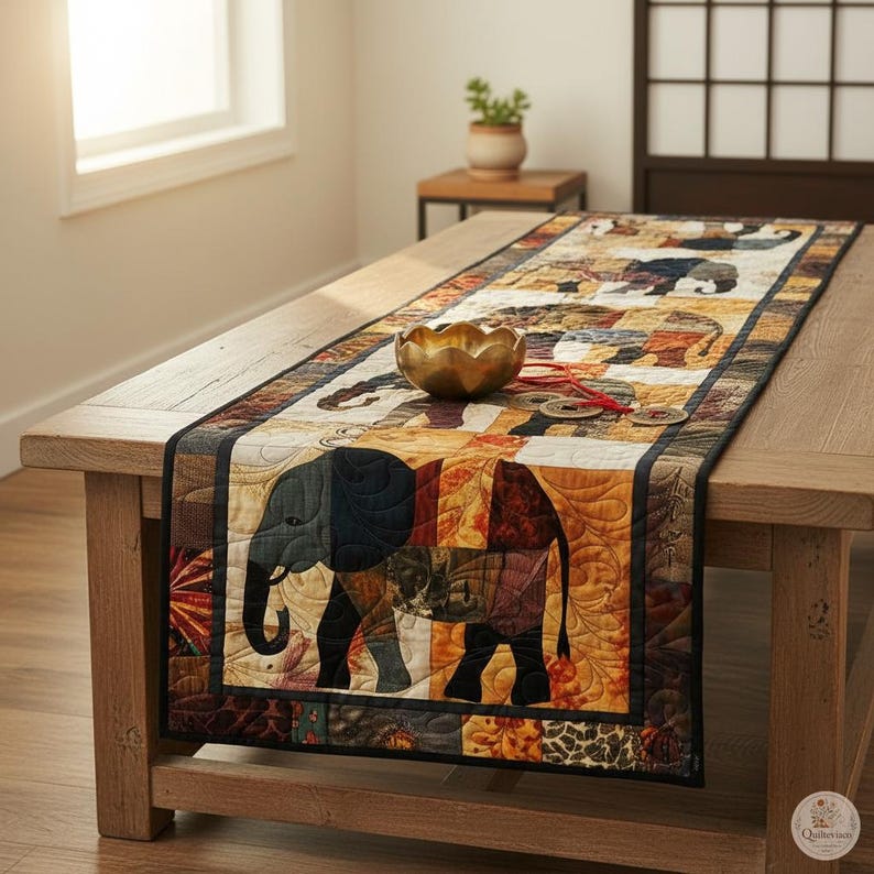Pode incluir: Um caminho de mesa acolchoado retangular com um padr&atilde;o repetitivo de elefantes em tons de castanho, laranja e preto. O tecido apresenta costuras intrincadas e um design de patchwork com uma borda escura. Uma ta&ccedil;a dourada est&aacute; colocada em cima.
