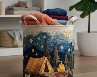 Cesto de roupa suja estilo acolchoado para camping, organizador rústico para barraca, cesto com estampa de noite estrelada.