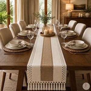 Macrame Runner with Neutral Stripe, Boho Farmhouse Table Centerpiece