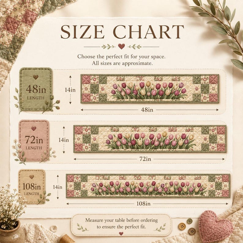Pode incluir: Uma tabela de tamanhos para caminhos de mesa acolchoados com tr&ecirc;s op&ccedil;&otilde;es retangulares com padr&otilde;es de tulipas. A tabela mostra comprimentos de 122 cm, 183 cm e 274 cm, todos com 36 cm de largura, acompanhados de etiquetas e medidas.