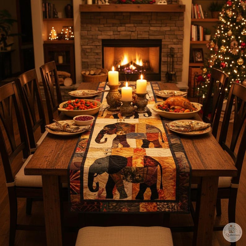 Pode incluir: Um caminho de mesa retangular acolchoado com um design de patchwork de elefantes em tons de laranja, castanho e azul. O caminho est&aacute; centrado numa mesa de jantar de madeira com tr&ecirc;s velas de pilar acesas e ta&ccedil;as de comida dispostas.