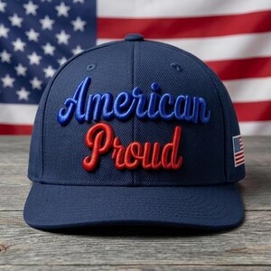 May include: A navy blue baseball cap featuring the text American in blue embroidery and the word Proud in red embroidery on the front. A small American flag patch is stitched onto the side of the cap, which has a structured crown and a flat brim.