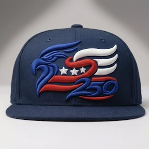 May include: A navy blue baseball cap featuring an embroidered graphic of a stylised eagle head in blue, red, and white. The design includes three white stars and the number 250 in blue, with white wing-like accents extending to the right side.