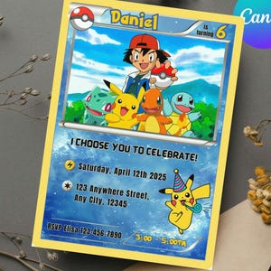 May include: A rectangular birthday invitation card designed like a trading card with a yellow border. It features the name Daniel, the text I CHOOSE YOU TO CELEBRATE, date, address, and RSVP details. The card displays cartoon characters.